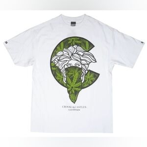 Crooks & Castles White Tee with Green Leaf Graphic